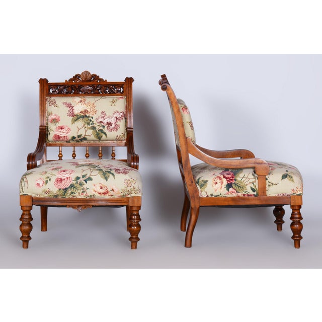 Czech Living Room Set in Beech and Walnut, 1890s, Set of 7 For Sale - Image 3 of 18