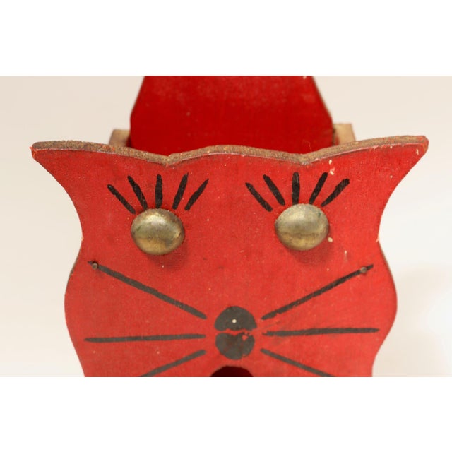 Vintage Folk Art Carved "Cat" Hand-Painted Red and Black Wooden Matchbook Holder For Sale - Image 11 of 13