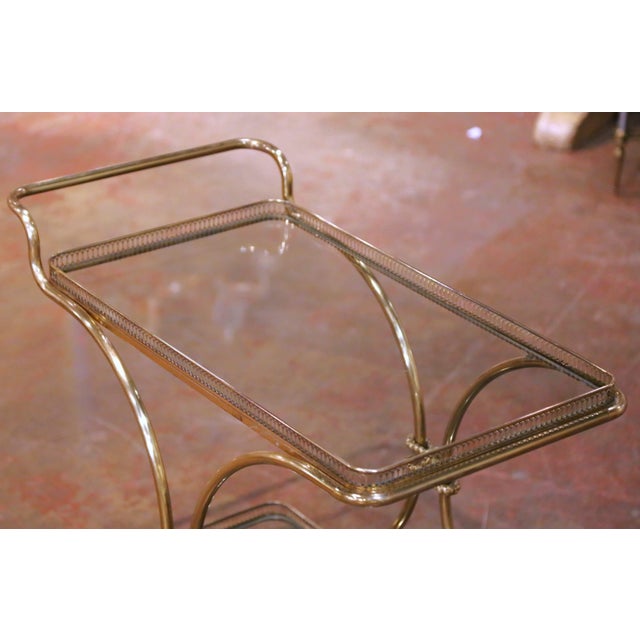 Mid-Century French Gilt Brass Bar Cart With Glass Shelves and Wheels For Sale - Image 4 of 9