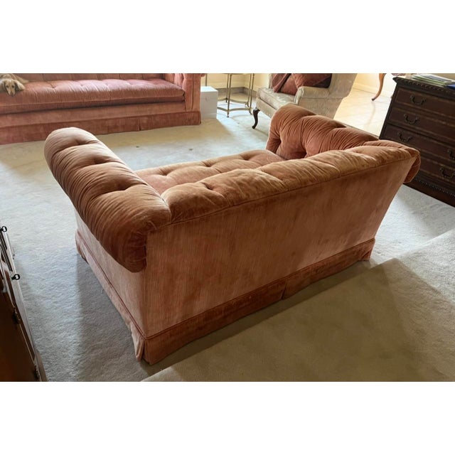 Mid Century, low profile, Henredon- Schoonbeck sofa upholstered, button tufted in the most lovely peach/apricot velvet...