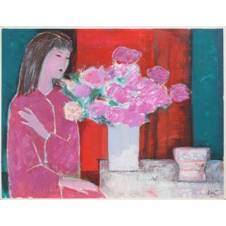 Jose Canes (Dore) Woman in Pink with Flowers circa 1975 For Sale