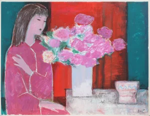 Jose Canes (Dore) Woman in Pink with Flowers circa 1975