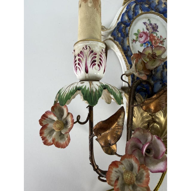 Ceramic Two-Light Wall Lamps in Wrought Iron and Decorated Porcelain, 1940s, Set of 2 For Sale - Image 7 of 14