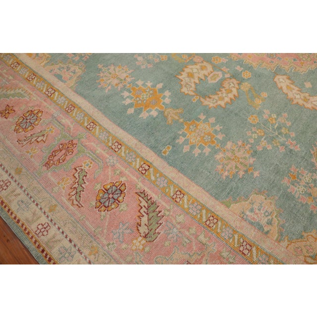 1900s Exhilarating Teal Pink Oversize Oushak Rug - 13'4" x 15'8" For Sale - Image 4 of 6