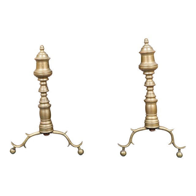 Pair of 19th Century Brass Finial Top Andirons For Sale