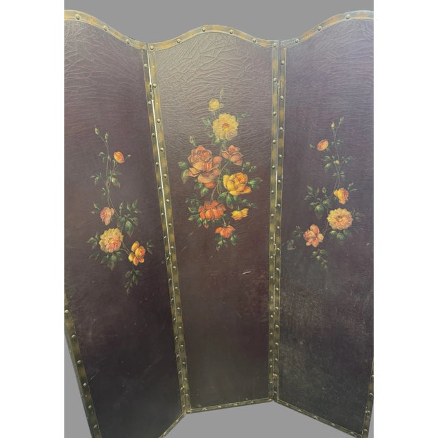 Brown Antique Hand Painted Floral Decorated Folding Leather Dressing Screen For Sale - Image 8 of 9
