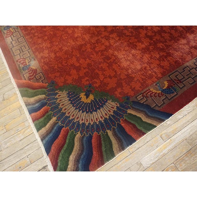 Stupendous Claret Background Color Asymmetric Patterns Antique Chinese Art Deco Rug For Sale In New York - Image 6 of 11