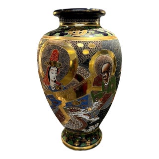 Vintage Japanese Satsuma Moriage Dragon Buddhist Figures Vase 14.5" For Sale