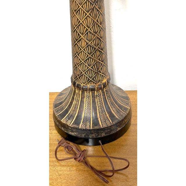 Late 20th Century Pair of British Colonial Style Bronze Palm Tree Lamps with Carved Tribal Motifs For Sale - Image 11 of 12