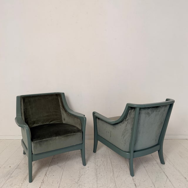 Mid-Century Modern Mid-Century Modern French Lounge Chairs in Green Velvet and Lacquered Wood, 1950, Set of 2 For Sale - Image 3 of 17