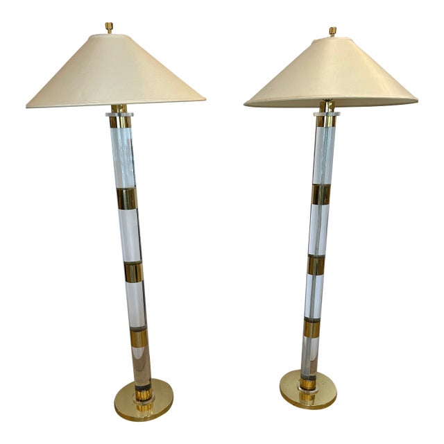 Chunky Midcentury Modern Lucite and Brass Floor Lamps- A Pair For Sale