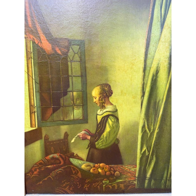 Renaissance 1960s Vintage Framed Reproduction on Board of Johannesburg Vermeer’s Painting of “A Girl Reading a Letter by an Open Window”. For Sale - Image 3 of 5
