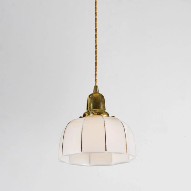 Mid-Century Modern Vintage Milk Glass Pendant W/ Fluted Shade + Gold Detail For Sale - Image 3 of 8