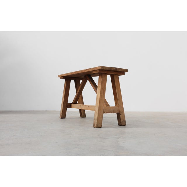 French Rustic Oak Trestle Bench, 1890s For Sale - Image 5 of 13