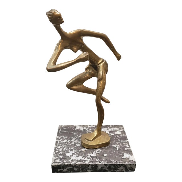 1930's Art Deco After Franz Hagenauer African Woman Running Gilt Bronze Sculpture on Marble Base For Sale