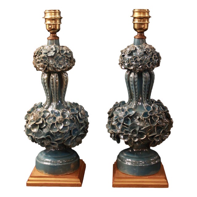 Iridescent Light Blue Lamps with Floral Design from Manises, 1970s, Set of 2 For Sale