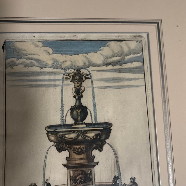 Wood 17th Century Colored Engravings of Fountains - Set of 2 For Sale - Image 7 of 7
