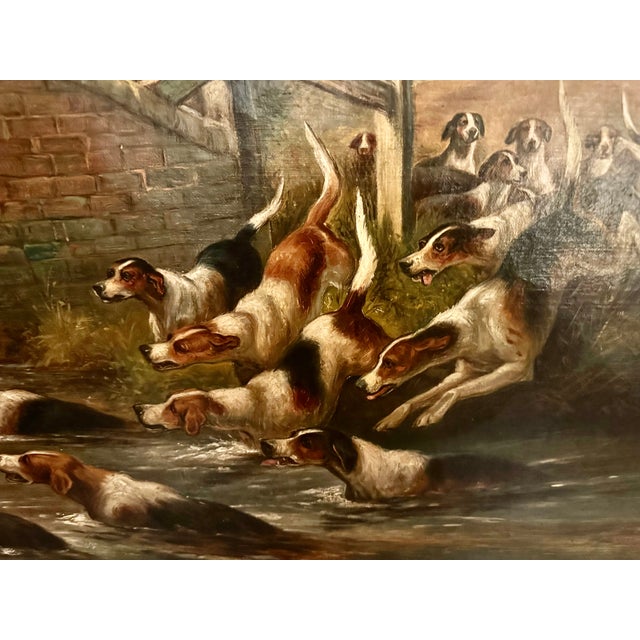 Artist Arthur Alfred Davis (British, 1877-1905) “Into the River” 19th century sporting oil painting of dogs hunting Image...