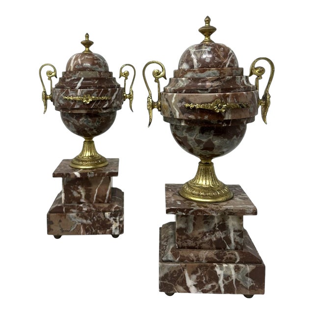 Pair French Regency Style Rosso Levano Marble Gilt Bronze Ormolu Urns Vases 19Ct For Sale