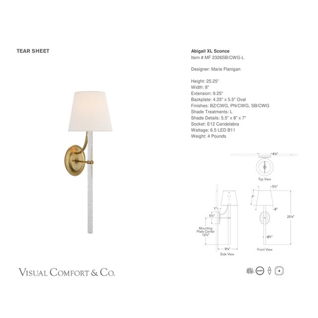 Marie Flanigan for Visual Comfort Signature Abigail XL Sconce in Soft Brass and Clear Wavy Glass with Linen Shade For Sale - Image 9 of 10