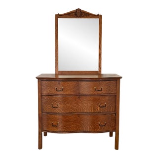 Antique Tiger Oak Serpentine Chest of Drawers With Mirror For Sale