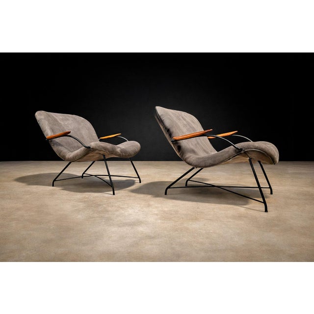 Carlo Hauner Pair of Armchairs Gray Fabric, Rosewood, & Metal, Carlo Hauner, 1950s - Lot 184 For Sale - Image 4 of 14
