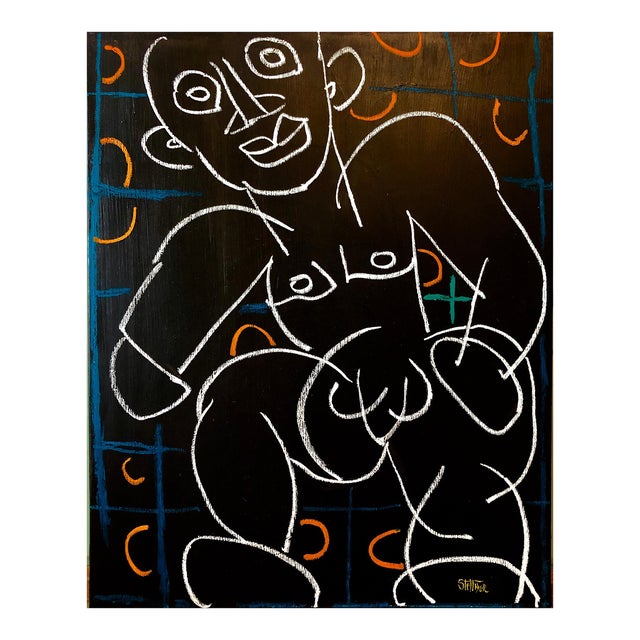 Louis Stettner, Rare Modernist Oil Painting Line Drawing Nude Man Louis Stettner, 2011 For Sale