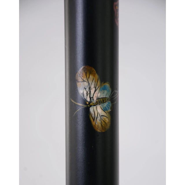 Chinoiserie Vintage Black Pillar Wood Hand-Painted Color Chinoiseries Pattern Floor Lamp For Sale - Image 3 of 8