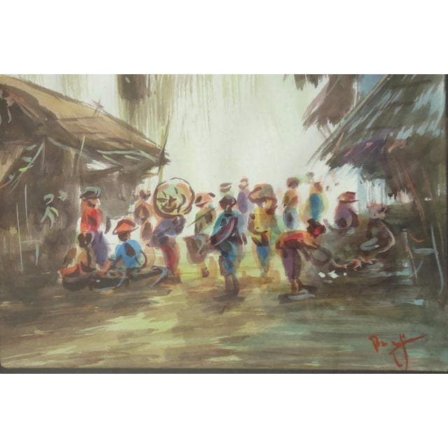 Mid-Century Modern Mid 20th Century African Village Market Vintage Watercolor Painting For Sale - Image 3 of 3