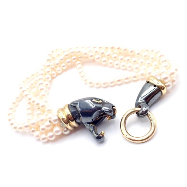 1990s Panthere De Cartier Panther Yellow Gold & Silverium Pearl Emerald Bracelet For Sale - Image 9 of 14