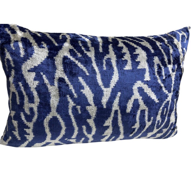 Velvet Silk Lumbar Pillow Cover With Ikat Design For Sale - Image 4 of 10