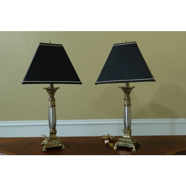 Regency Brass & Steel Table Lamps W. Black Shades - a Pair For Sale - Image 10 of 10