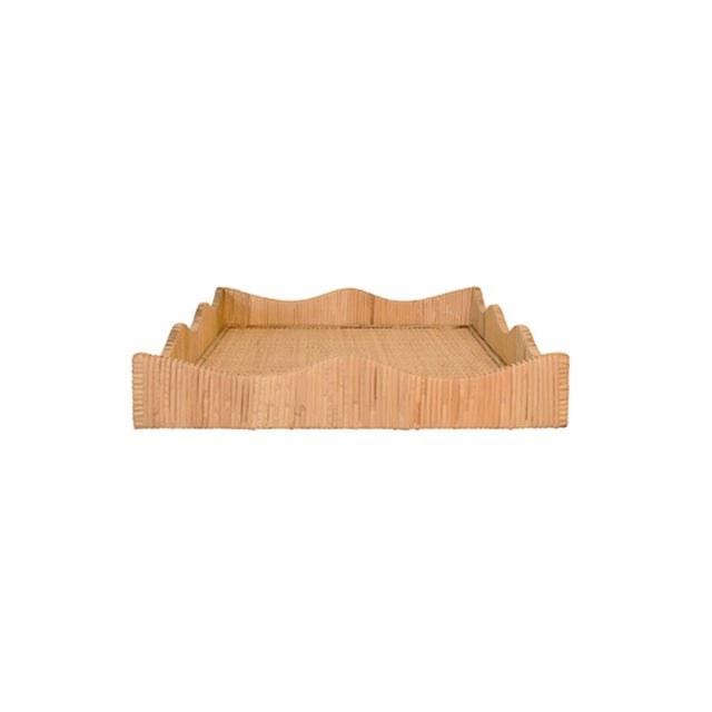 Worlds Away Matthew Izzo Home Wavey Large Scallop Edged Rectangle Rattan Tray For Sale - Image 4 of 7