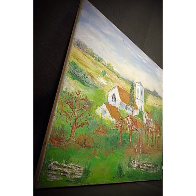 French Mid 20th Century Charming Oil Painting on Canvas – Village Church Scene For Sale - Image 3 of 7