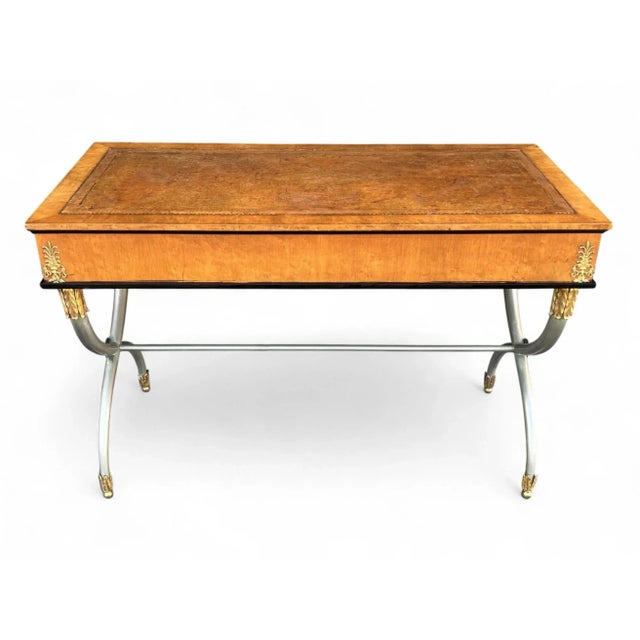 1910s Refined Neoclassical French Empire Desk With Leather Top and Sculptural X Base For Sale - Image 5 of 18