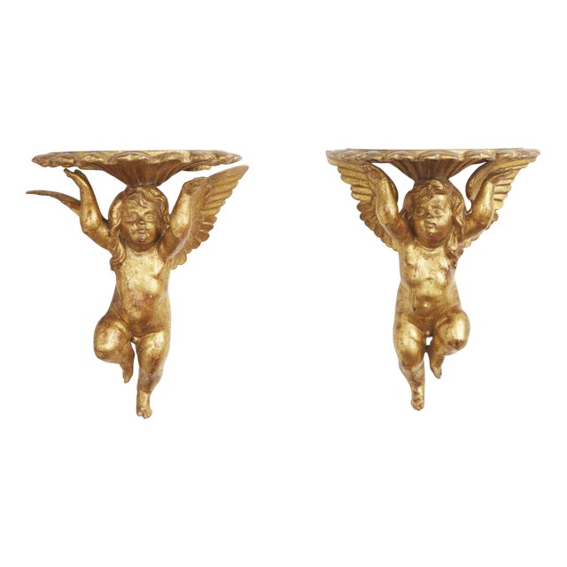 Gilded Shelves with Putti, 1800s, Set of 2 For Sale