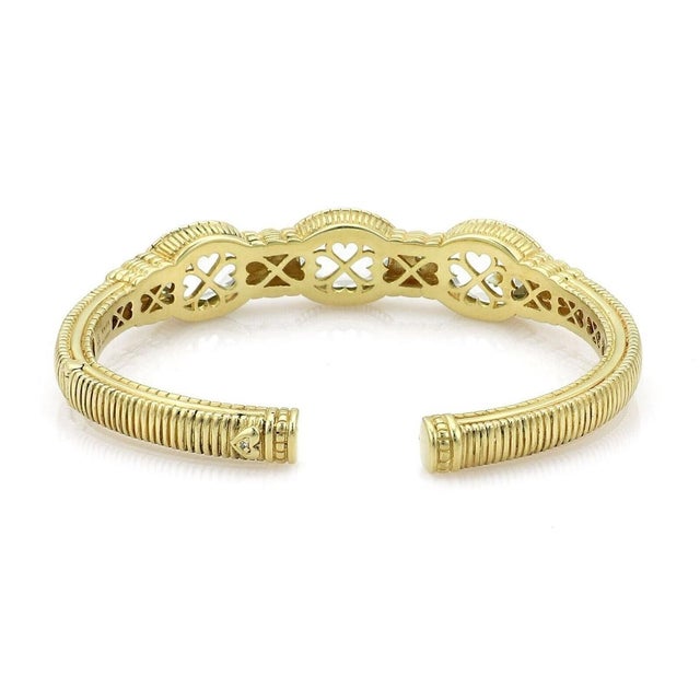 Mid 20th Century Judith Ripka Prasiolite Diamond 18k Gold 3 Stones Hinged Cuff Bracelet For Sale - Image 4 of 5