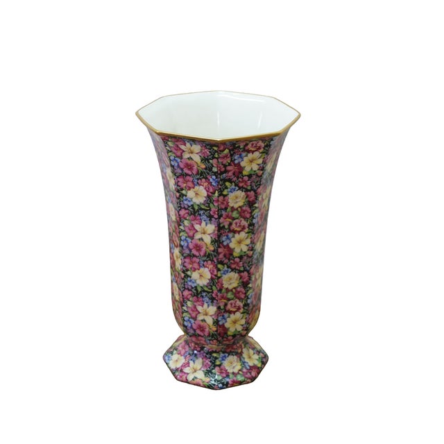 Vintage Royal Winton Grimwades Florence chintz vase featuring a vibrant all-over floral pattern on a black background with...