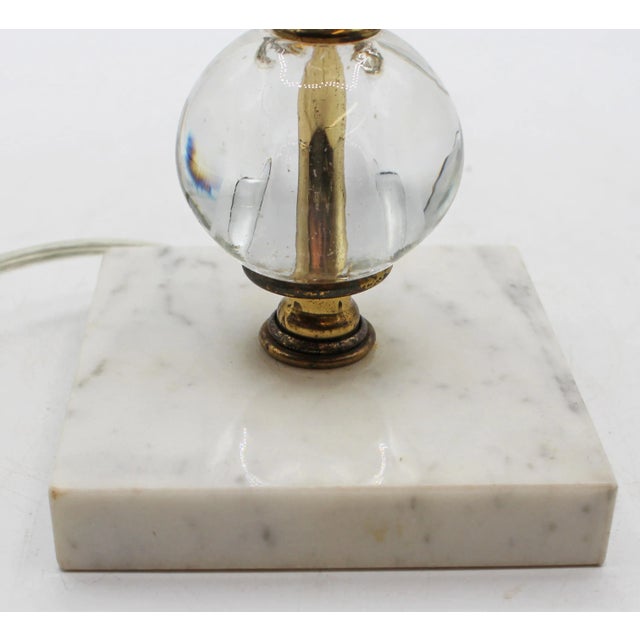 Circa 1950s stacked cut & orb crystal lamp with Carrara marble base. Rewired at some point. Wear on mellow, patinated...