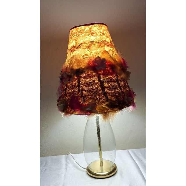 Vintage Bubble-Patterned Glass Base Table Lamp on Brass Mount from Rogo-Leuchten with Handmade Fabric Shade For Sale - Image 3 of 10
