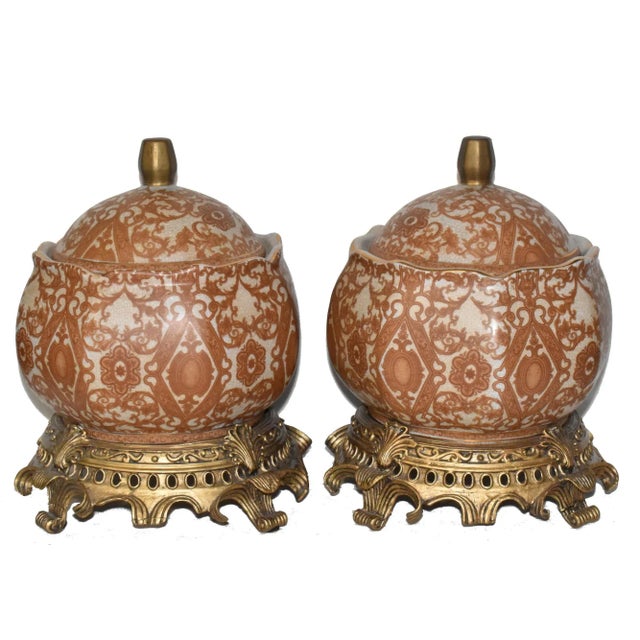 Pair Mid 20th Century Asian Crackle Glaze Porcelain Ginger Jars on Brass Bases Floral Motif For Sale - Image 11 of 11