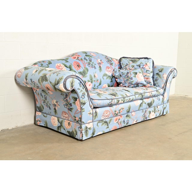 1980s Baker Furniture English Traditional Floral Upholstered Roll Arm Camelback Sofa For Sale - Image 5 of 15