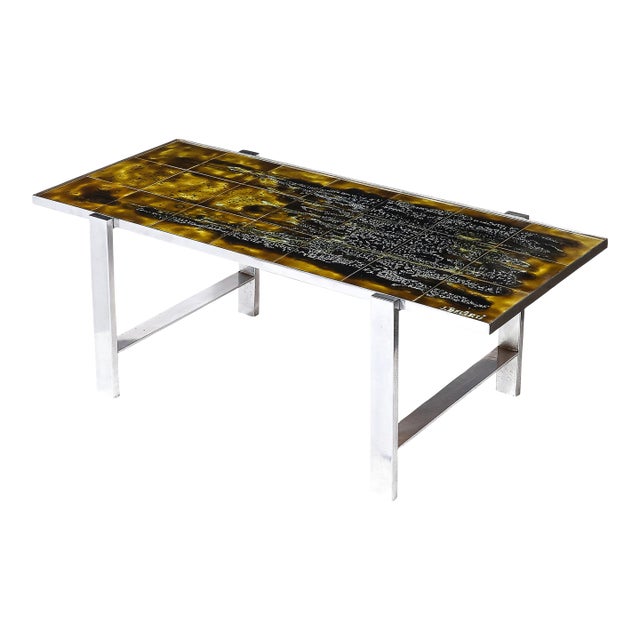 Mid-Century Ceramic Tile & Polished Aluminum Coffee Table by Juliette Belarti For Sale