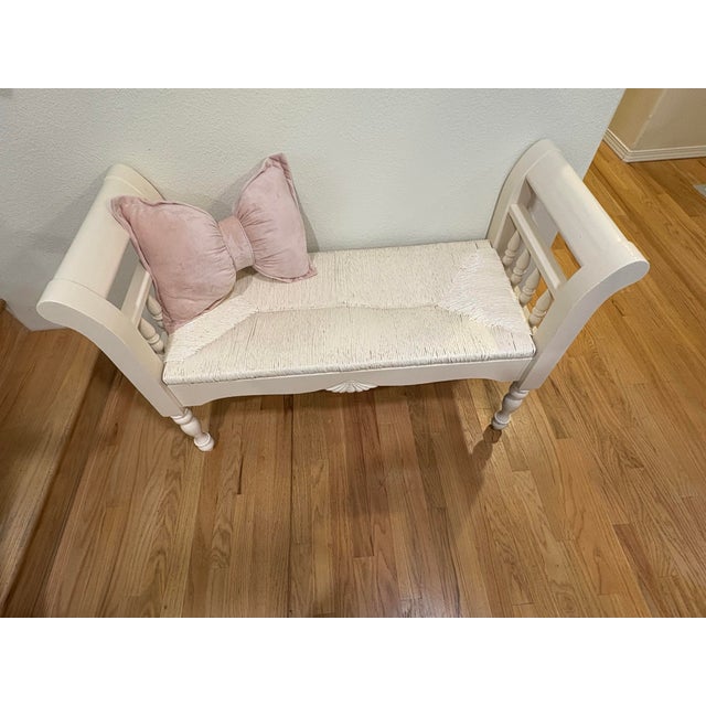 Farmhouse Vintage French Farmhouse Rush Weave Jute Tailored Bench For Sale - Image 3 of 4
