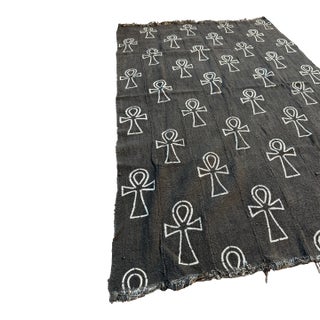 Vintage African Black Mudcloth 62” L X 42” W Textile Ankh Symbol Motif | No. 117 For Sale