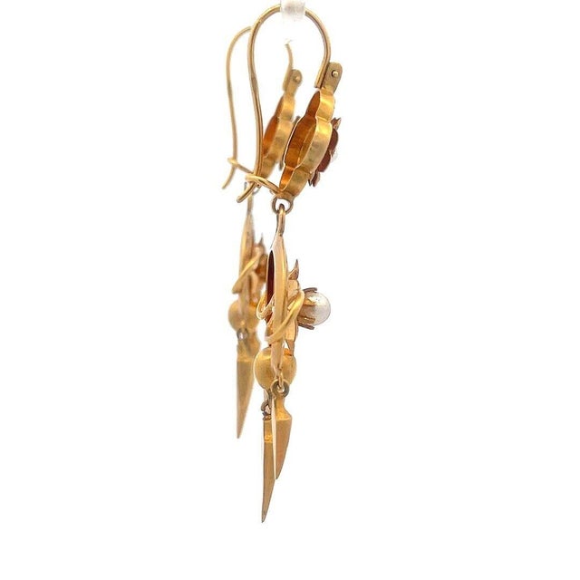 Art Nouveau Gold Dangle Earrings 15k Yellow Pearl Floral Style, 2 pieces For Sale In Miami - Image 6 of 7