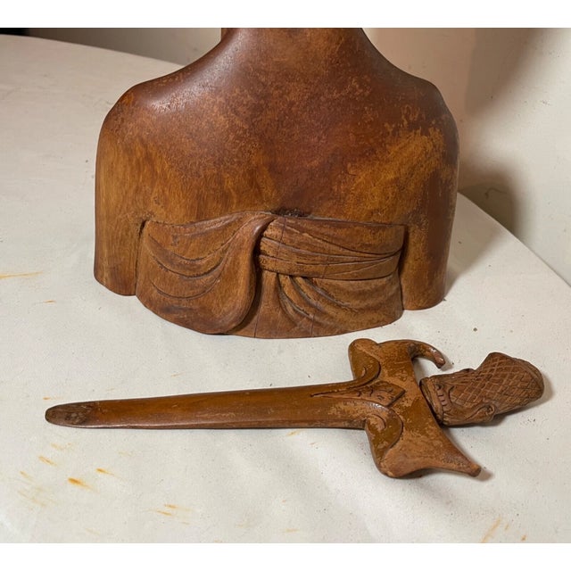 1940s Carved Wood Balinese Indonesian Man Sword Bust Sculpture Letter Opener For Sale - Image 13 of 13