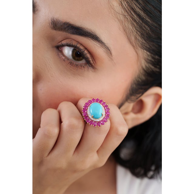 Turquoise 14k Yellow Gold 9.35ct Cabochon Turquoise Ruby & Diamond Halo Cocktail Ring Size 8 For Sale - Image 8 of 18