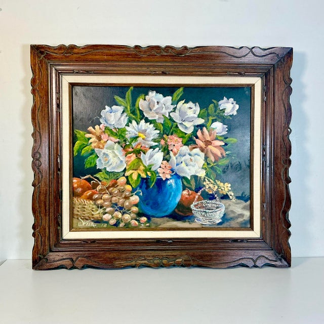 1960s Original Oil Painting Impressionist Blue Vase Still Life by Edith Weir. For Sale - Image 9 of 11