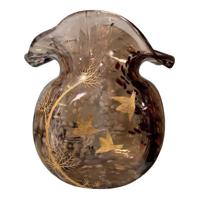 Antique Victorian End of Day 8" Art Glass Vase With Gilt Decorated Birds & Branches For Sale